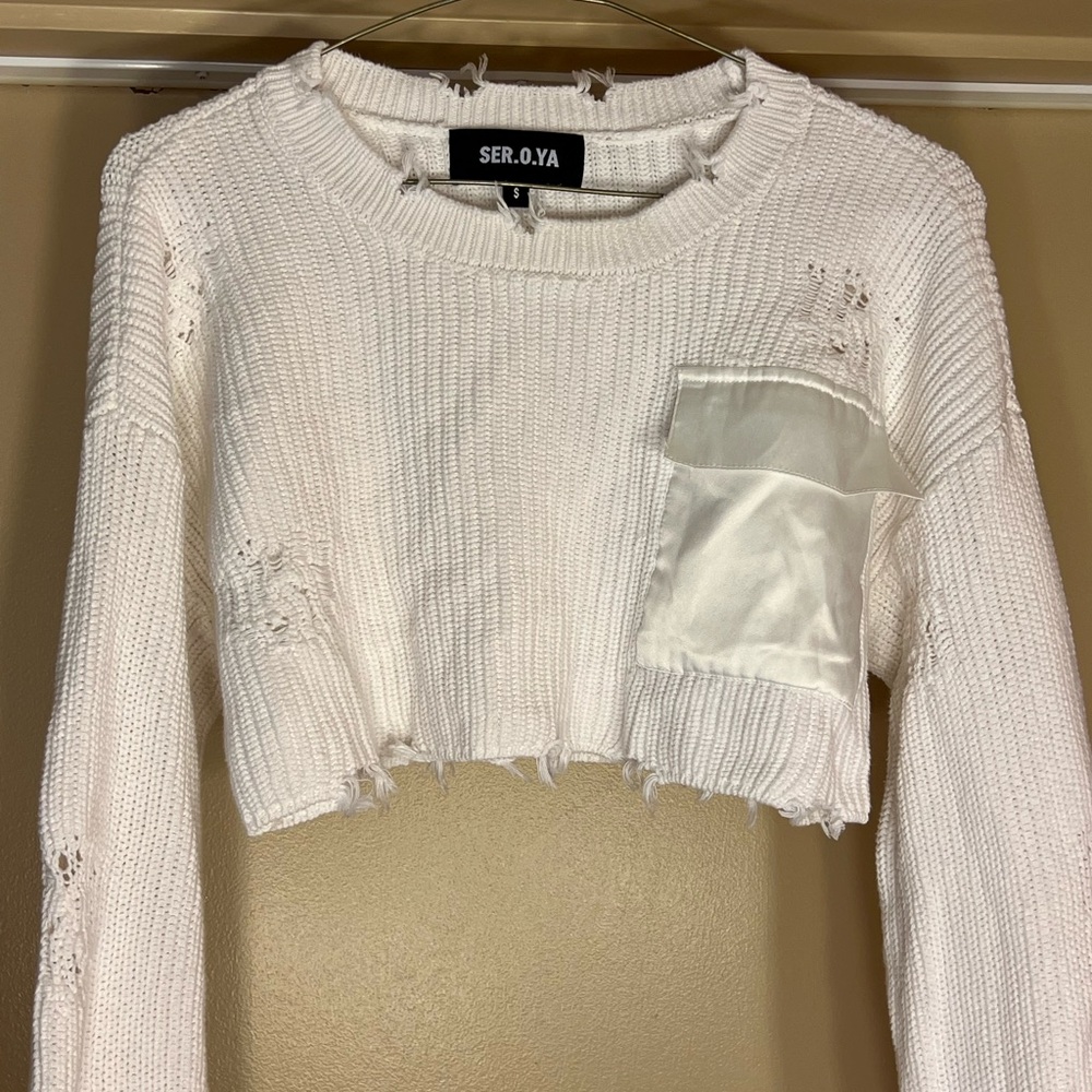 SER.O.YA White Knit Crop Top with Satin Detail